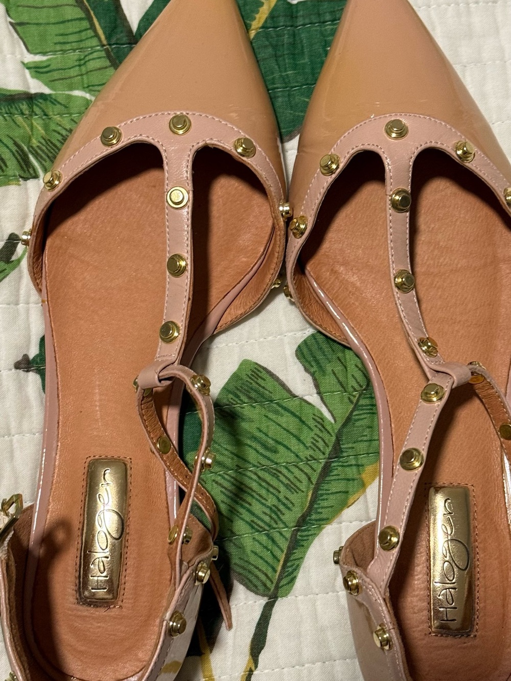 Halogen Blush Patent Pointed T-Strap Flats with Gold Studs